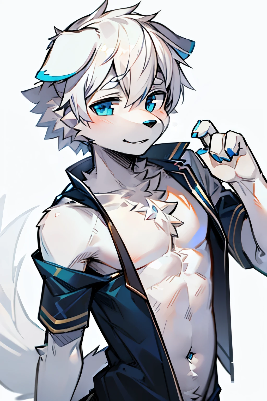 Shota the white fox wearing a gel suit