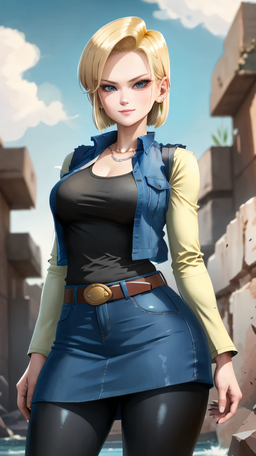 best quality, high-res, and18, 1girl, android 18, solo, blonde hair, blue eyes, belt, blue demin bodycon skirt, gold necklace, black shirt, short hair, long sleeves, striped sleeves, earrings, open vest, blue denim vest, large breasts, cowboy shot, forest, straight-on, (weather: windy), combat ready position, full length pantyhose, battle ruins, wide hips, shy smile,