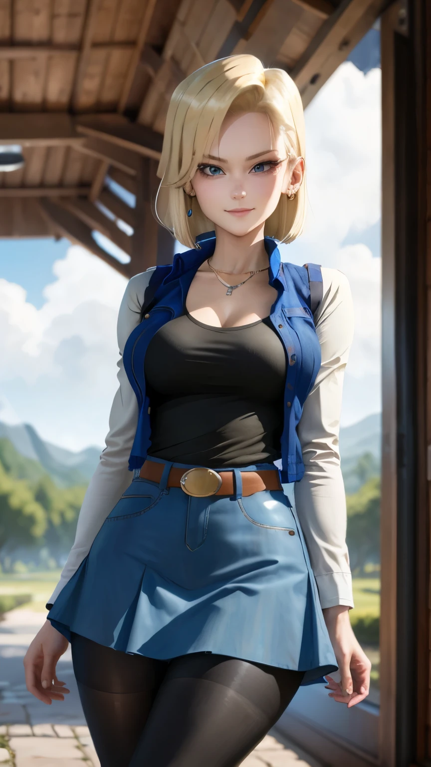 best quality, high-res, and18, 1girl, android 18, solo, blonde hair, blue eyes, belt, blue demin bodycon skirt, gold necklace, black shirt, short hair, long sleeves, striped sleeves, earrings, open vest, blue denim vest, large breasts, cowboy shot, forest, straight-on, (weather: windy), combat ready position, full length pantyhose, battle ruins, wide hips, shy smile,