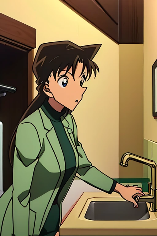 {{{mouri ran}}},{{{Detective Conan}}},{{{long hair}}},{{{official style}}},{{{adult}}},green dress one-piece dress,turtleneck green miniskirt, {light green cropped mini jacket},{light green cropped jacket},green socks,sink,laundry,kitchen,bringing upper body to the sink,open