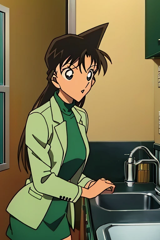 {{{mouri ran}}},{{{Detective Conan}}},{{{long hair}}},{{{official style}}},{{{adult}}},green dress one-piece dress,turtleneck green miniskirt, {light green cropped mini jacket},{light green cropped jacket},green socks,sink,laundry,kitchen,bringing upper body to the sink,open