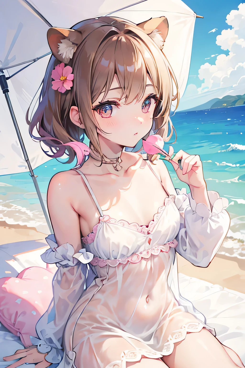 masterpiece, Highest quality, High resolution, Very detailed,(((Nishino Flower))), (((White Lingerie))), (((smile))), Beach at night