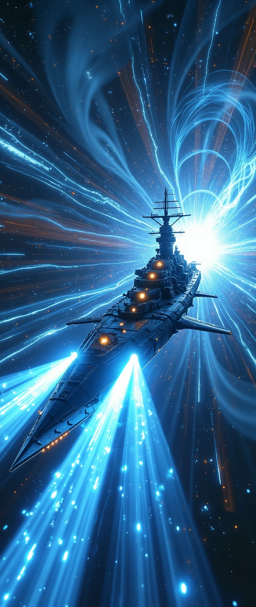 (masterpiece:1.2,Outstanding quality,Mirror finish, Cinematic Experience),8k,wallpaper,Realistic,(DSLR Canon Style),( battleship type spacecraft warps with beautiful lines of light :2.0),(SF:2.0),( streamlined spaceship reminiscent of the Yamato battleship :2.0),(dynamic),( beautiful light particles are being emitted from the wave engine at the stern:2.0),(Express super speed of light with beautiful blue and white light lines :2.0),( The background is a wormhole and subspace  :2.0),( motion blur),(Vivid colors:2.0)