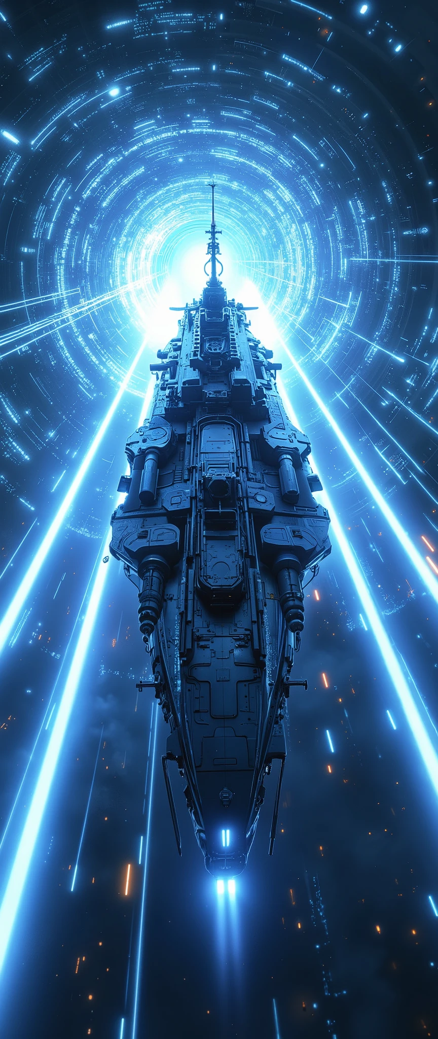 (masterpiece:1.2,Outstanding quality,Mirror finish, Cinematic Experience),8k,wallpaper,Realistic,(DSLR Canon Style),( battleship type spacecraft warps with beautiful lines of light :2.0),(SF:2.0),( streamlined spaceship reminiscent of the Yamato battleship :2.0),(dynamic),( beautiful light particles are being emitted from the wave engine at the stern:2.0),(Express super speed of light with beautiful blue and white light lines :2.0),( The background is a wormhole and subspace  :2.0),( motion blur),(Vivid colors:2.0)