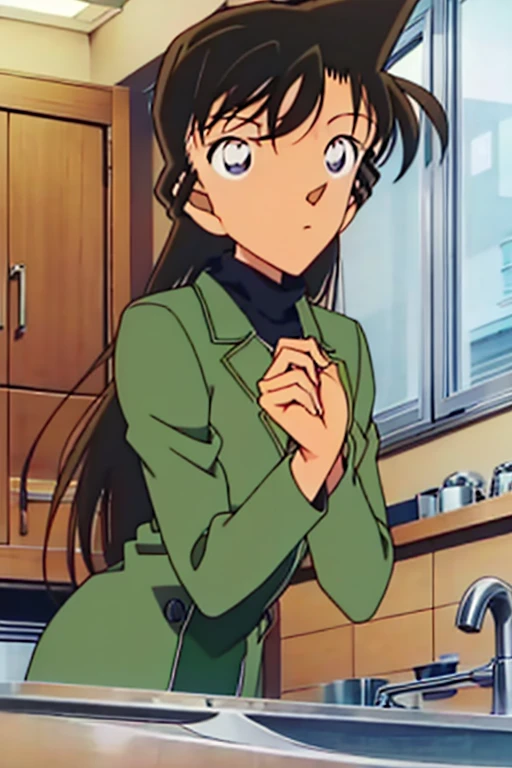 {{{mouri ran}}},{{{Detective Conan}}},{{{long hair}}},{{{official style}}},{{{adult}}},green dress one-piece dress,turtleneck green miniskirt, {light green cropped mini jacket},{light green cropped jacket},green socks,sink,laundry,kitchen,bringing upper body to the sink,open