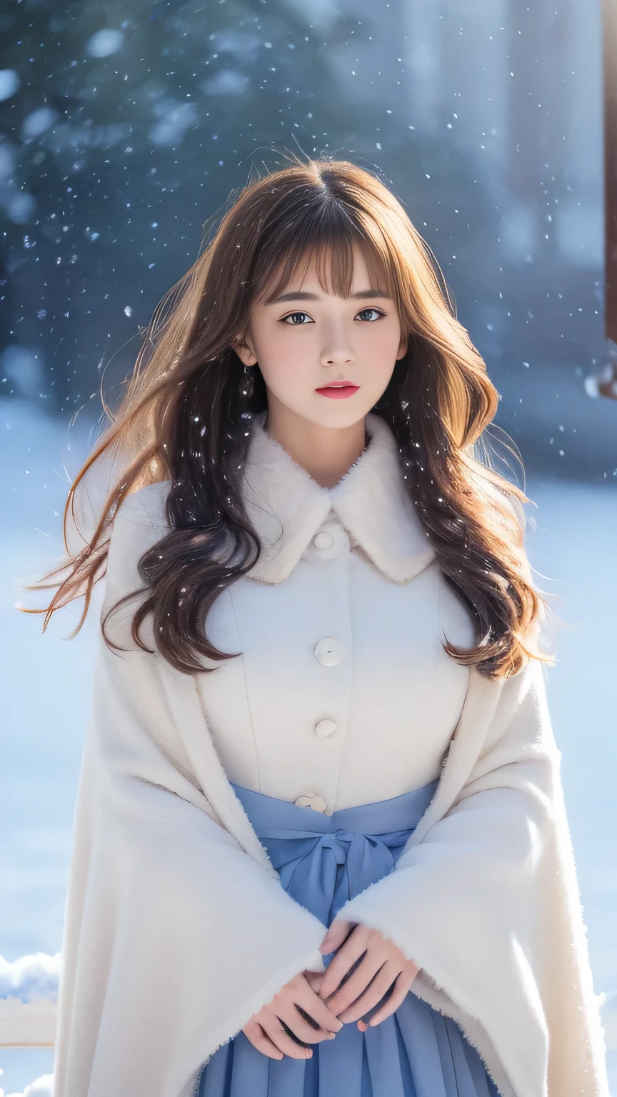 A woman in a white coat and blue dress standing in the snow - SeaArt AI