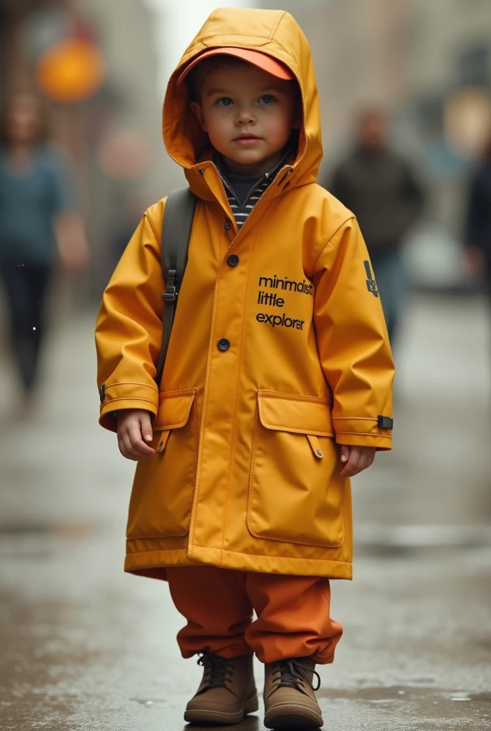 Hello, I need to generate an image of an boy walking backwards with a yellow jacket and a black background.