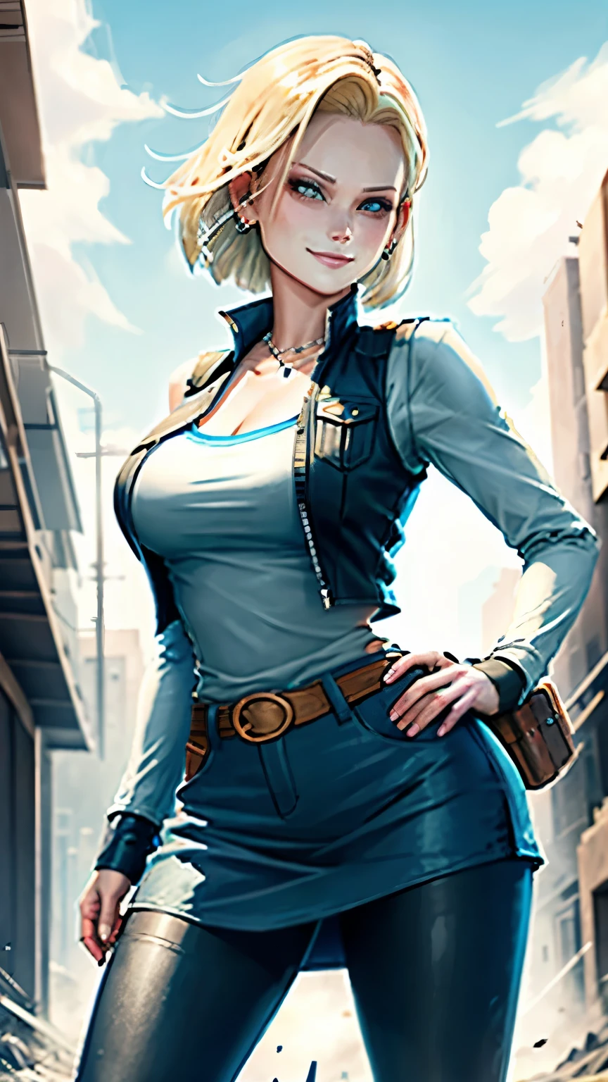 best quality, high-res, and18, 1girl, android 18, solo, blonde hair, blue eyes, belt, blue demin bodycon skirt, gold necklace, black shirt, short hair, long sleeves, striped sleeves, earrings, open vest, blue denim vest, large breasts, cowboy shot, forest, straight-on, (weather: windy), combat ready position, full length pantyhose, battle ruins, wide hips, shy smile,