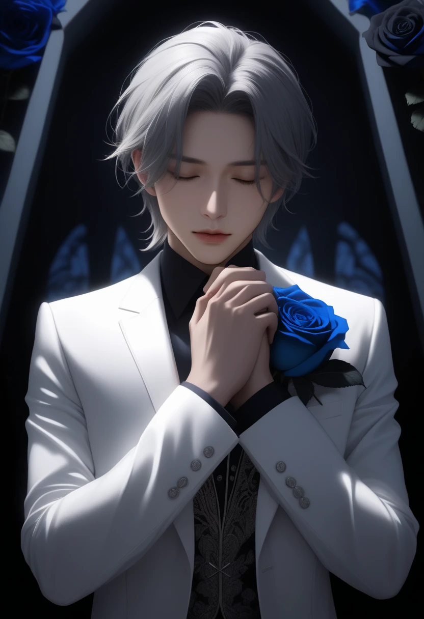  1 boy , Straight on, Gray Hair,   black roses around {x}'s handsome and detailed lips,  white suit, blue rose around, delicate, Peaceful, soft lighting, Mysterious, dreamlike,  close your eyes , cadaver,  my hands together  , coffin, Front View 