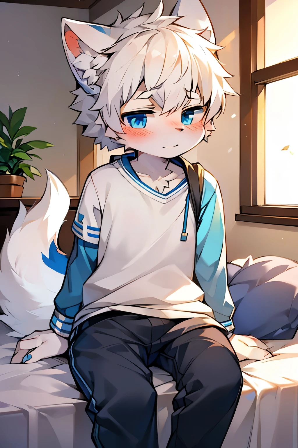 Puppy, wolf, boy, cute,white hair, blue eyes, blushing, sitting on the bed
