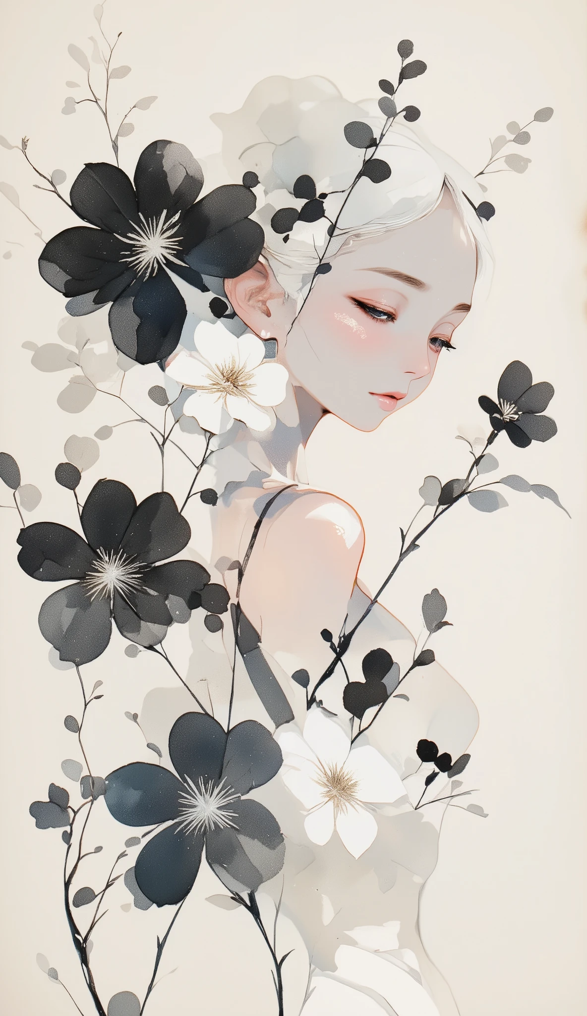 watercolor, watercolor, watercolor風, watercolorの詳細なアート, watercolor digital painting, watercolor paint、break、((( Beautiful Women、very cute girl)))、Floral arrangement、Wabi-sabi art、white、gray、black tone 、Parchment、抽象的Floral arrangement、Three big flowers、 Dreamy Art 、silence、 wallpaper、 best quality、masterpiece、 high definition 、８ｋ