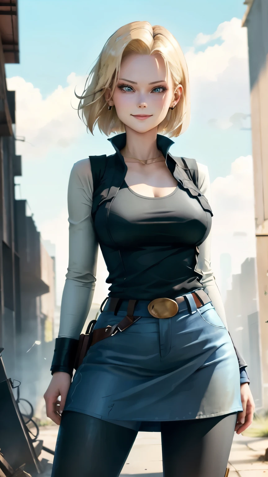 best quality, high-res, and18, 1girl, android 18, solo, blonde hair, blue eyes, belt, blue demin bodycon skirt, gold necklace, black shirt, short hair, long sleeves, striped sleeves, earrings, open vest, blue denim vest, large breasts, cowboy shot, forest, straight-on, (weather: windy), combat ready position, full length pantyhose, battle ruins, wide hips, shy smile,