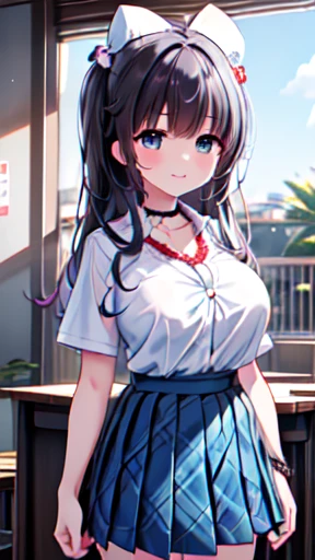  micro mini skirt 、Focus on the thighs、 standing、 standing 、whole body、 ( School Uniform :1.3), (Plain white clothing around the waist:1.5), (Tied at the waist:1.3), ( White Collar ed-shirt:1.4), (( White Collar ,  Remove the button, Short sleeve):1.2), (light blue plaid pleated skirt:1.3), (( Necklaces ,  colorful ,   x Hair Ornament):1.2),
 super detailed、(8k,  RAW Photos,  best quality, masterpiece:1.2), ( very detailed 8k wallpaper ),Illustration、 professional lighting, sharp concentration,  depth of field、
nsfw、  Clear Eyes、 perfect anatomy 、With a girl、、smile、( clave cut :1.3),Big Breasts、 blue eyes、 long black hair, big chest、(compensate:1.1)、‎Classroom under the scorching sun , big chest