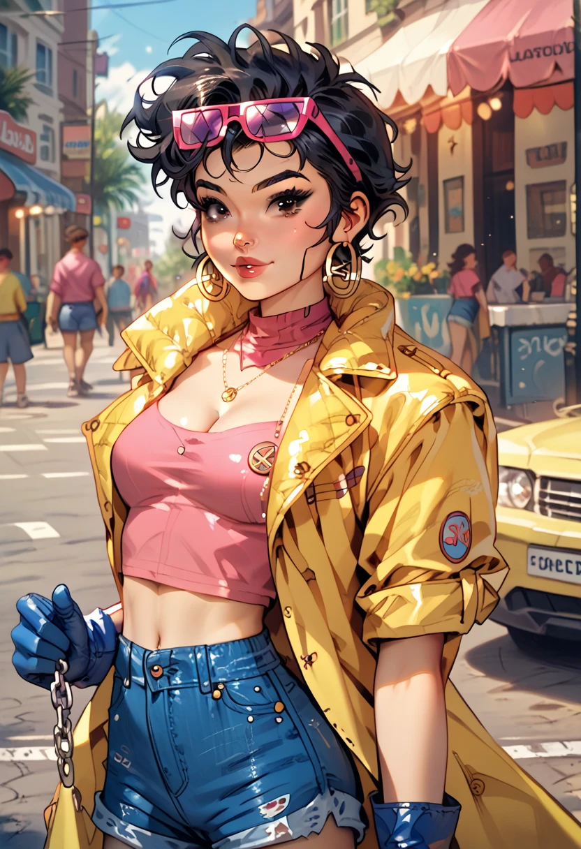 Personagem Jubilee, short black hair ,  brown eyes , Alone, standing,  cowboy shot, 
shorts de ganga ,  open yellow jacket , purple glasses on the head ,  hoop earrings  , blue gloves , pink shirt,  blue gloves , 
streets, Around the chain ,  with graphite  , retro,  cleavage,  
 ( incredibly detailed ,  detailed and beautiful face , masterpiece,  detailed and beautiful eyes,  best quality)
 