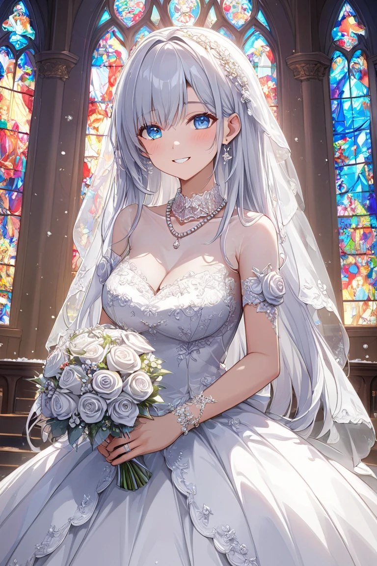 ((( best quality, 8k, masterpiece: 1.3)), (( best quality)), ((masterpiece)), (  Details),  perfect face,  perfect body, (  Details skin:1.3), ( intricate detail), ball gown wedding dress,  pearl necklace , bouquet,  silver-haired,   straight hair ,  blue eyes,   wedding ring , snow white, Chapel,  happy , smile, Alone,  Stained Glass