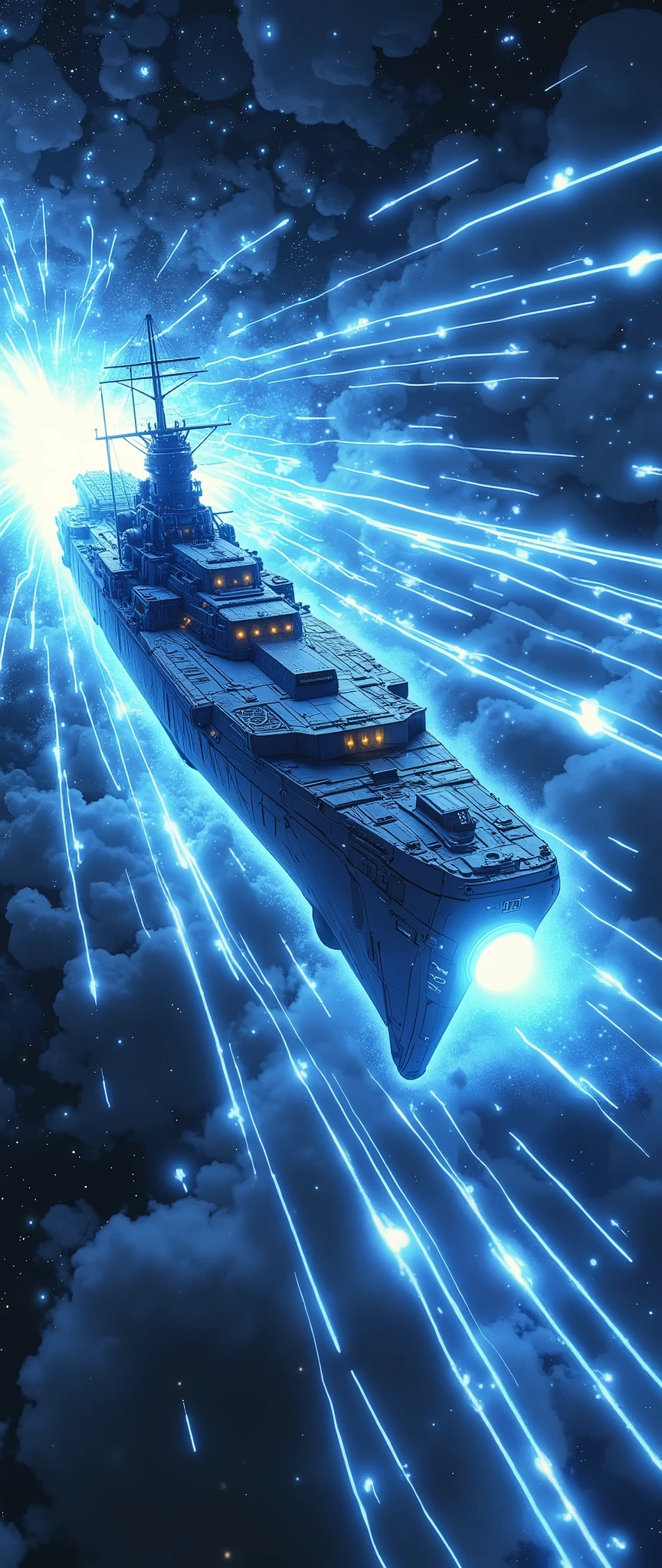 (masterpiece:1.2,Outstanding quality,Mirror finish, Cinematic Experience),8k,wallpaper,( best illustrations:2.0),( battleship type spacecraft warps with beautiful lines of light :2.0),(SF:2.0),(A streamlined spaceship reminiscent of the battleship Yamato:2.0),(dynamic),( beautiful light particles are being emitted from the wave engine at the stern:2.0),(Express super speed of light with beautiful blue and white light lines :2.0),( The background is a wormhole and subspace  :2.0),( motion blur),(Vivid colors:2.0)