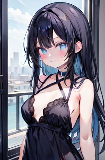 black hair, blue eyes, gold lingerie, gold underwear, sexy, large breast, a hotel bedroom
