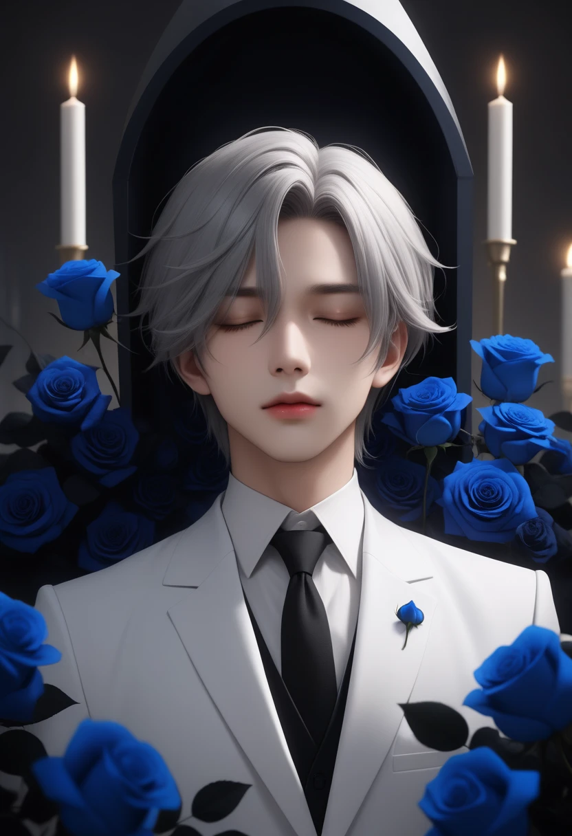  1 boy , Straight on, Gray Hair,   black roses around {x}'s handsome and detailed lips,  white suit, blue rose around, delicate, Peaceful, soft lighting, Mysterious, dreamlike,  close your eyes , cadaver, coffin, 