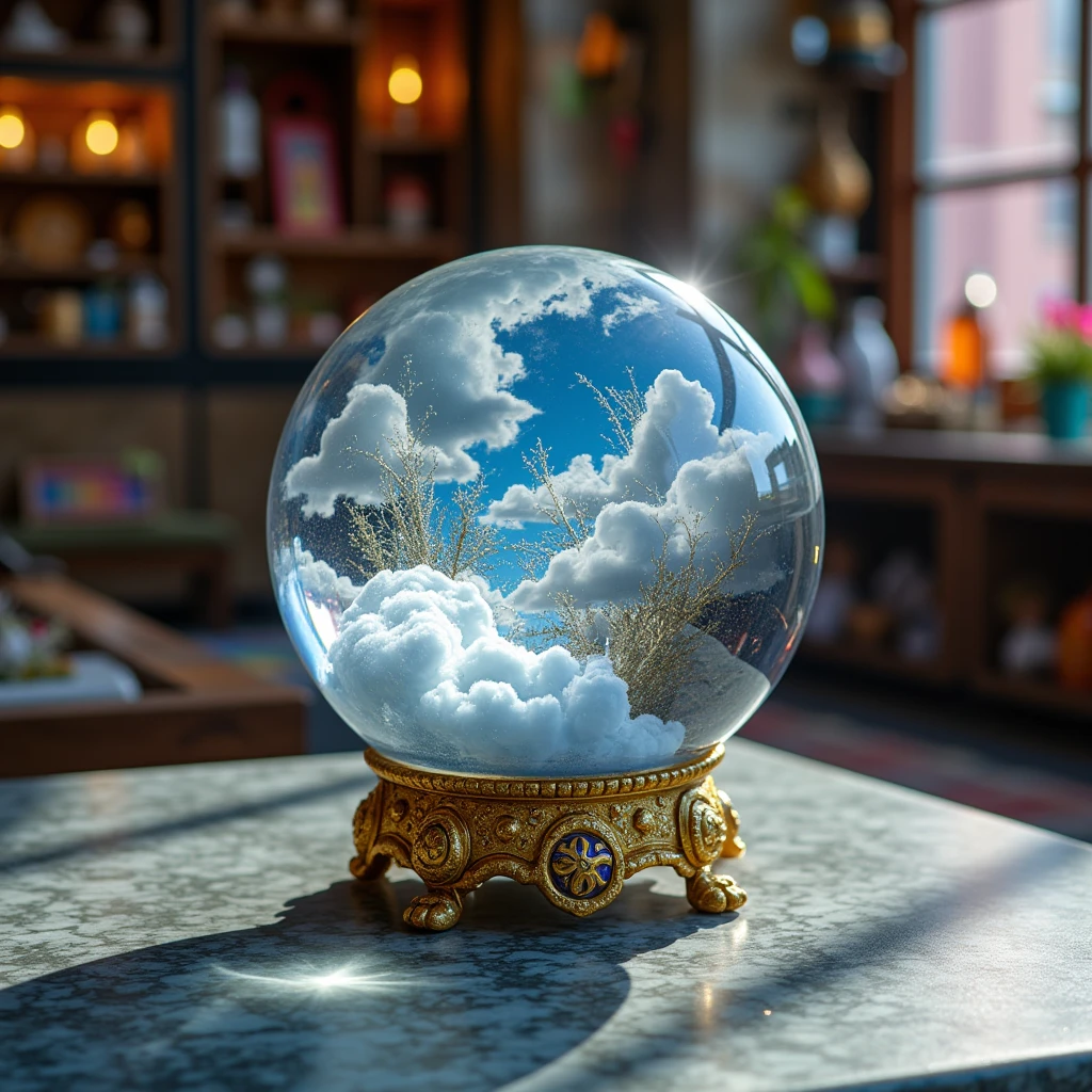  Crystal Ball with Golden Legs with patterns ,  you can see The magic inside the Ball shimmers with different colors and You can see Cloudy Skies and Earth in the Balloon,  close-up ,  Beautiful Crystal Ball on the Marble Table with patterns and glitter of reflection , background in the Shop of Magic and Miracles A beautiful shop with different trinkets, 8 k,  better quality,  bright and rich colors ,  Complex Details , 