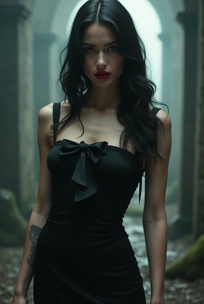 (masterpiece, Best Quality, 32K HDR, Ultra High Resolution, photos realistic), portrait painting of 1girl, (Ultra-realistic photos of Arwen:1.1, Realistic portrait of Liv Tyler:1.1, lord of the rings, elf, Black hair, sleeveless white dress:1.3, exposed armpits:1.35), Detailed skin, Fantasy atmosphere, (standing in abandoned hut:1.35, dark atmosphere:1.55), model shoot style, (extremely details CG), big breasts,