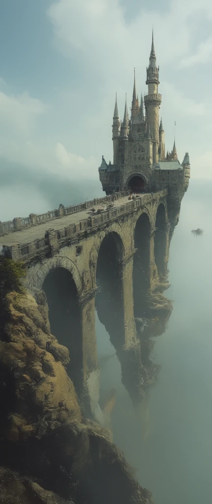  A very old bridge \( float in the sky , 即将倒塌,  Many rainbows shine through the mist \) connected to an ancient castle  float in the sky .  is diffusely reflected through the fog .  stretch far into the foreground ， is about to collapse and . in the thick fog and haze .