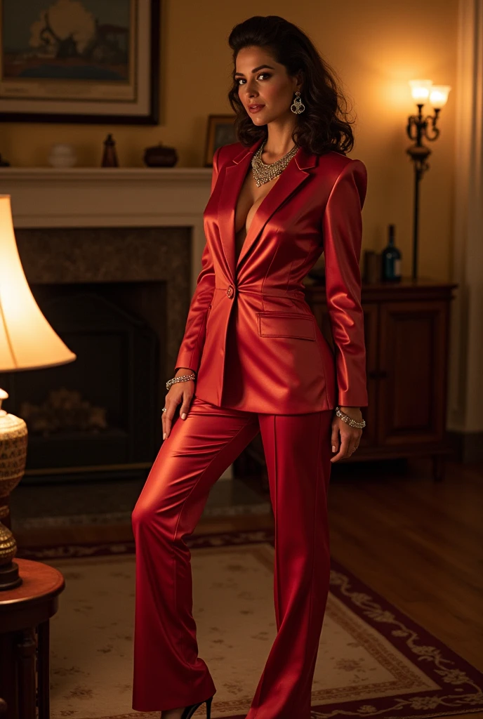 Pam Grier, curly black hair,ebony female, gorgeous eyes, high arched eyebrows, seductive look,big breasts, (crimson low-cut silk shirt:1.5), black leather pants, stilettos, midnight modern metropolis, spot lighting, backlight on hair, shallow depth of field, bokeh, sexy provocative pose