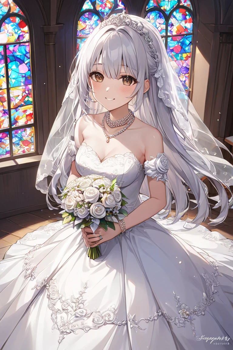 ((( best quality, 8k, masterpiece: 1.3)), (( best quality)), ((masterpiece)), (  Details),  perfect face,  perfect body, (  Details skin:1.3), ( intricate detail), ball gown wedding dress,  pearl necklace , bouquet,  silver-haired,   straight hair ,  Brown Eyes ,   wedding ring , snow white, Chapel,  happy , smile, Alone,  Stained Glass