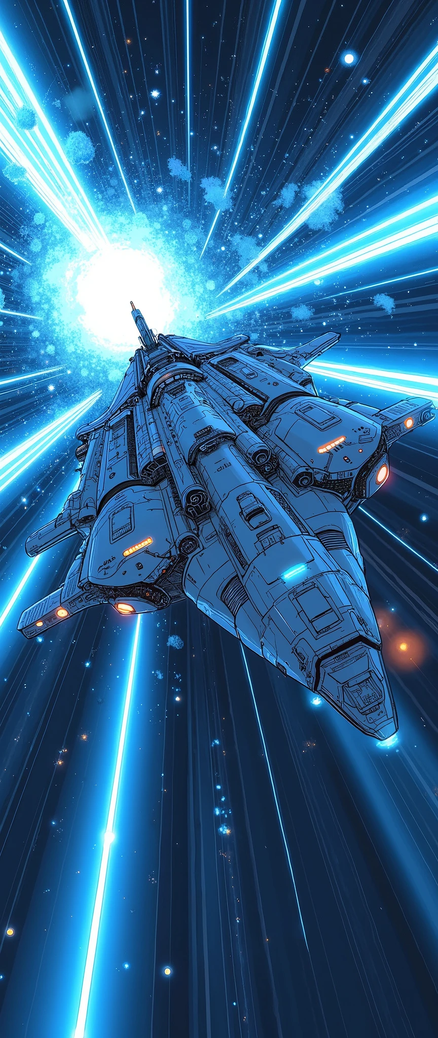 (masterpiece:1.2,Outstanding quality,Mirror finish, Cinematic Experience),8k,wallpaper,( best illustrations:2.0),( battleship type spacecraft warps with beautiful lines of light :2.0),(SF:2.0),(A streamlined spaceship reminiscent of the battleship Yamato:2.0),(dynamic),( beautiful light particles are being emitted from the wave engine at the stern:2.0),(Express super speed of light with beautiful blue and white light lines :2.0),( The background is a wormhole and subspace  :2.0),( motion blur),(Vivid colors:2.0)