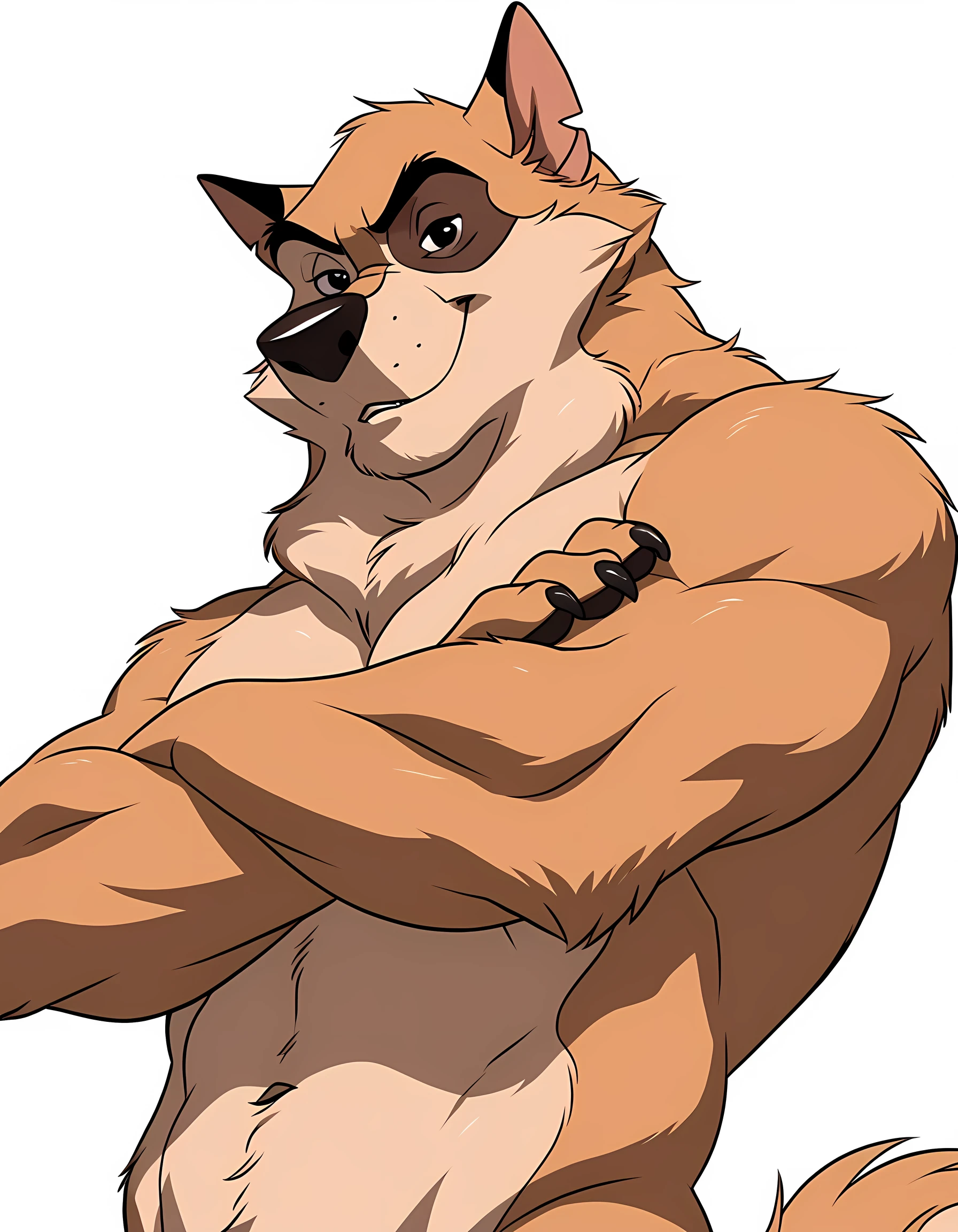 kaltag, alaskan malamute, solo, detailed, detailed face, black eyes, anthro body, male, adult, muscular, cartoon shading, cel shaded:1.0, flat colors, (no background, white background):1.5, shirtless, wfa style, negger style, cartoony anatomy, above waist, looking at viewer, arms crossed, low-angle shot:1.1