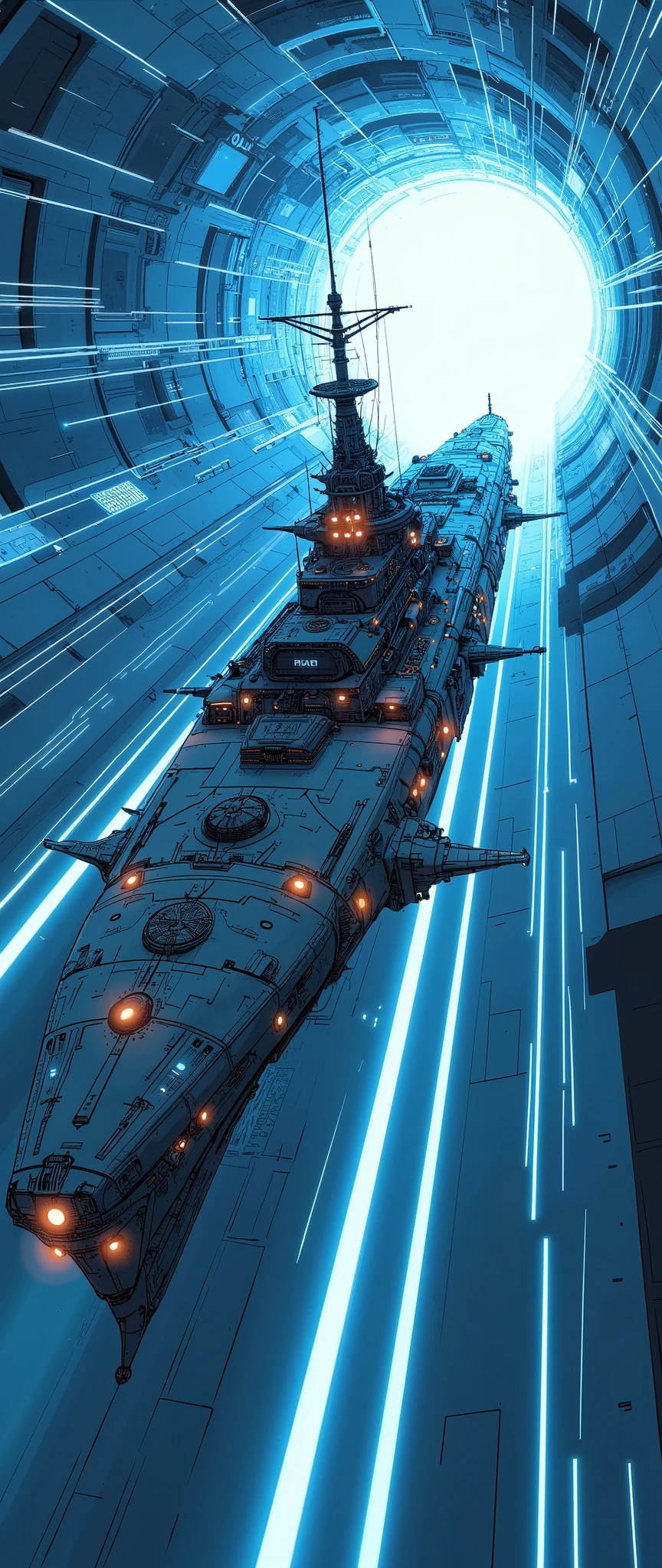 (masterpiece:1.2,Outstanding quality,Mirror finish, Cinematic Experience),8k,wallpaper,Realistic,( battleship type spacecraft warps with beautiful lines of light :2.0),(SF:2.0),(A streamlined spaceship reminiscent of the battleship Yamato:2.0),(dynamic),( beautiful light particles are being emitted from the wave engine at the stern:2.0),(Express super speed of light with beautiful blue and white light lines :2.0),( The background is a wormhole and subspace  :2.0),( motion blur),(Vivid colors:2.0)