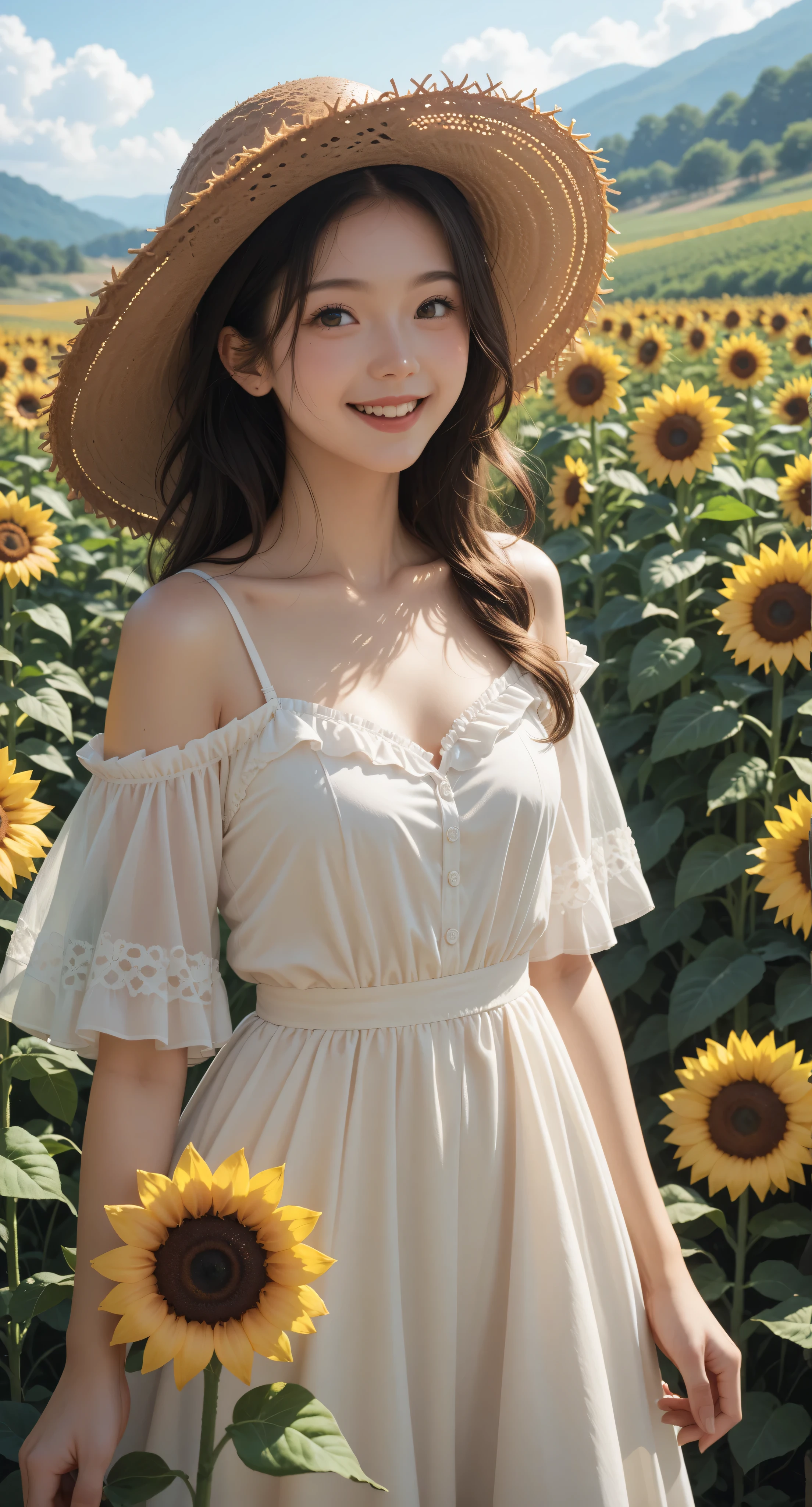 Score_9, Score_8_up, Score_7_up, (1girl, sunflower field, straw hat, in a dress,cute, blooming),
vibrant, sunny, cheerful, pastoral, whimsical, playful, golden, serene, natural, youthful, charming, picturesque, radiant, joyful, bucolic, tranquil, summery, bright, colorful, idyllic, peaceful, flourishing, delightful
