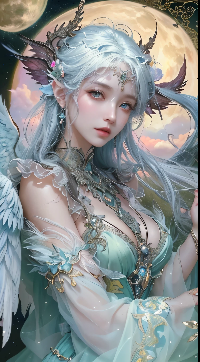 elvish ears,Blue cheongsam,Long legs,angel wing,Skysky,Moon,Fly hand in hand with the girl