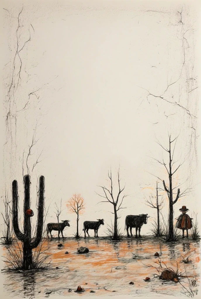 2D, flat, landscape, Northeastern hinterland, Drought and hunger ,  skyline silhouette row of cattle and cacti