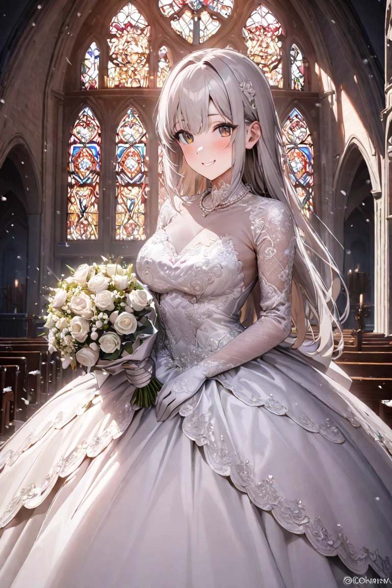 ((( best quality, 8k, masterpiece: 1.3)), (( best quality)), ((masterpiece)), (  Details),  perfect face,  perfect body, (  Details skin:1.3), ( intricate detail), ball gown wedding dress,  pearl necklace , bouquet,  silver-haired,   straight hair ,  Brown Eyes ,   wedding ring , snow white, Chapel,  happy , smile, Alone,  Stained Glass