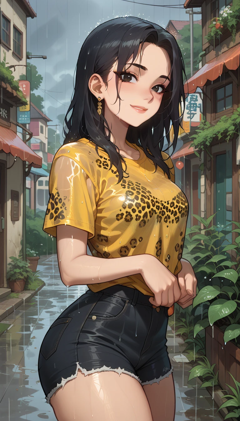 (masterpiece, official art), 1s, Alone,  black hair ,  black eyes,  long unkempt hair ,  leopard print sleeveless t-shirt, , shorts de ganga,  thick thighs ,, portrait, ( medium and symmetrical breasts ), ( outdoor, on the day, rain, in the city),  looking at the viewer ,  smile, seductive, attractive attire, Adjusting the short , 