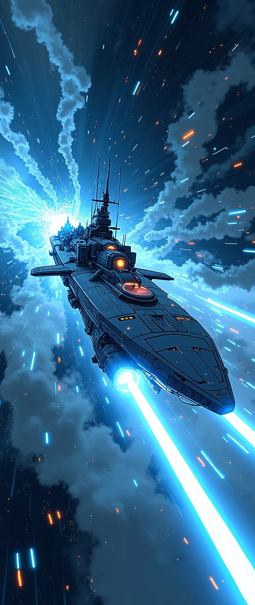 (masterpiece:1.2,Outstanding quality,Mirror finish, Cinematic Experience),8k,wallpaper,Realistic,( battleship type spacecraft warps with beautiful lines of light :2.0),(SF:2.0),(A streamlined spaceship reminiscent of the battleship Yamato:2.0),(dynamic),( beautiful light particles are being emitted from the wave engine at the stern:2.0),(Express super speed of light with beautiful blue and white light lines :2.0),( The background is a wormhole and subspace  :2.0),( motion blur),(Vivid colors:2.0)