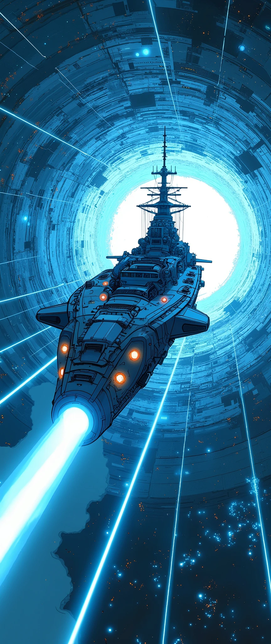 (masterpiece:1.2,Outstanding quality,Mirror finish, Cinematic Experience),8k,wallpaper,Realistic,( battleship type spacecraft warps with beautiful lines of light :2.0),(SF:2.0),(A streamlined spaceship reminiscent of the battleship Yamato:2.0),(dynamic),( beautiful light particles are being emitted from the wave engine at the stern:2.0),(Express super speed of light with beautiful blue and white light lines :2.0),( The background is a wormhole and subspace  :2.0),( motion blur),(Vivid colors:2.0)