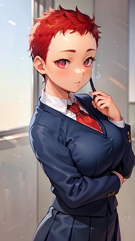 score_9, score_8_up, score_7_up, score_6_up, score_5_up, score_4_up, source_anime, rating_safe, asura \(asurauser\), (cutesexyrobutts:0.55), (sano_toshihide:0.8), hongoutfit, mature female, hongoutfit, 1girl, jewelry, solo, mole under eye, mole, anger vein, necktie, hair bun, single hair bun, red necktie, ring, earrings, crossed arms, shirt, upper body, spoken anger vein, parted lips, sweatdrop, looking at viewer, blush, grey background, jacket, collared shirt, ..., formal, black shirt, simple background, suit, spoken ellipsis, hair ornament, bangs, swept bangs, red hair, huge breasts, purple eyes, black jacket, grey shirt
