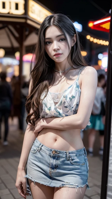 (masterpiece:1.2),best quality,high resolution,unified 8k wallpaper,(illustration:1),beautiful and delicate eyes:,extremely detailed face,perfect lighting,photo_\(mitigate\),photoactual,actual, 1 girl, alone, shorts, fireworks, denim, black hair, jewelry, denim shorts, necklace, long hair, septum, navel, looking at the audience, cutoff point, brown eyes, night, beach, sunglasses, short shorts, outdoor, {nude:1.3}