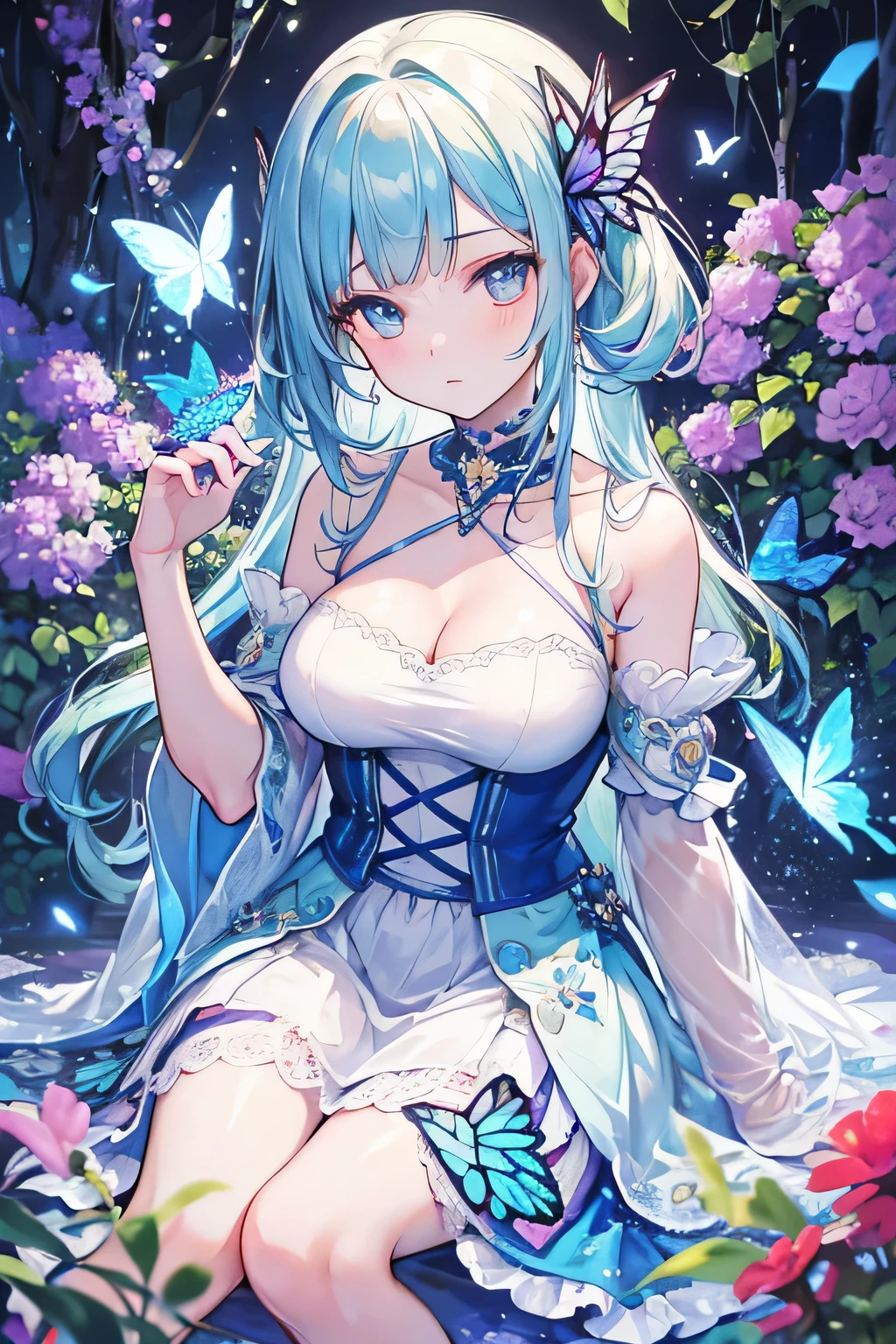 a women, blue butterfly, blue hair, pink eyes, blue dress