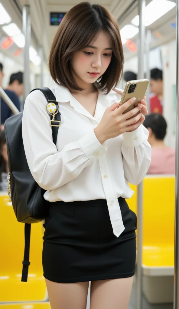 Gorgeous Korean woman beautiful legs. She has short, dark hair styled in a bob, which frames her face nicely.

She is wearing a loose-fitting white shirt, which gives a relaxed vibe. The shirt is tucked into a High-waisted fitted black mini skirt that is form-fitting and reaches above her knees.

She carries a black backpack, and attached to it is a small keychain resembling a soccer ball

She is standing while holding onto a pole for support, focused on her phone

The setting is a subway train, with yellow seats and other passengers visible in the background, contributing to a typical urban commuting scene.

stand full body pose