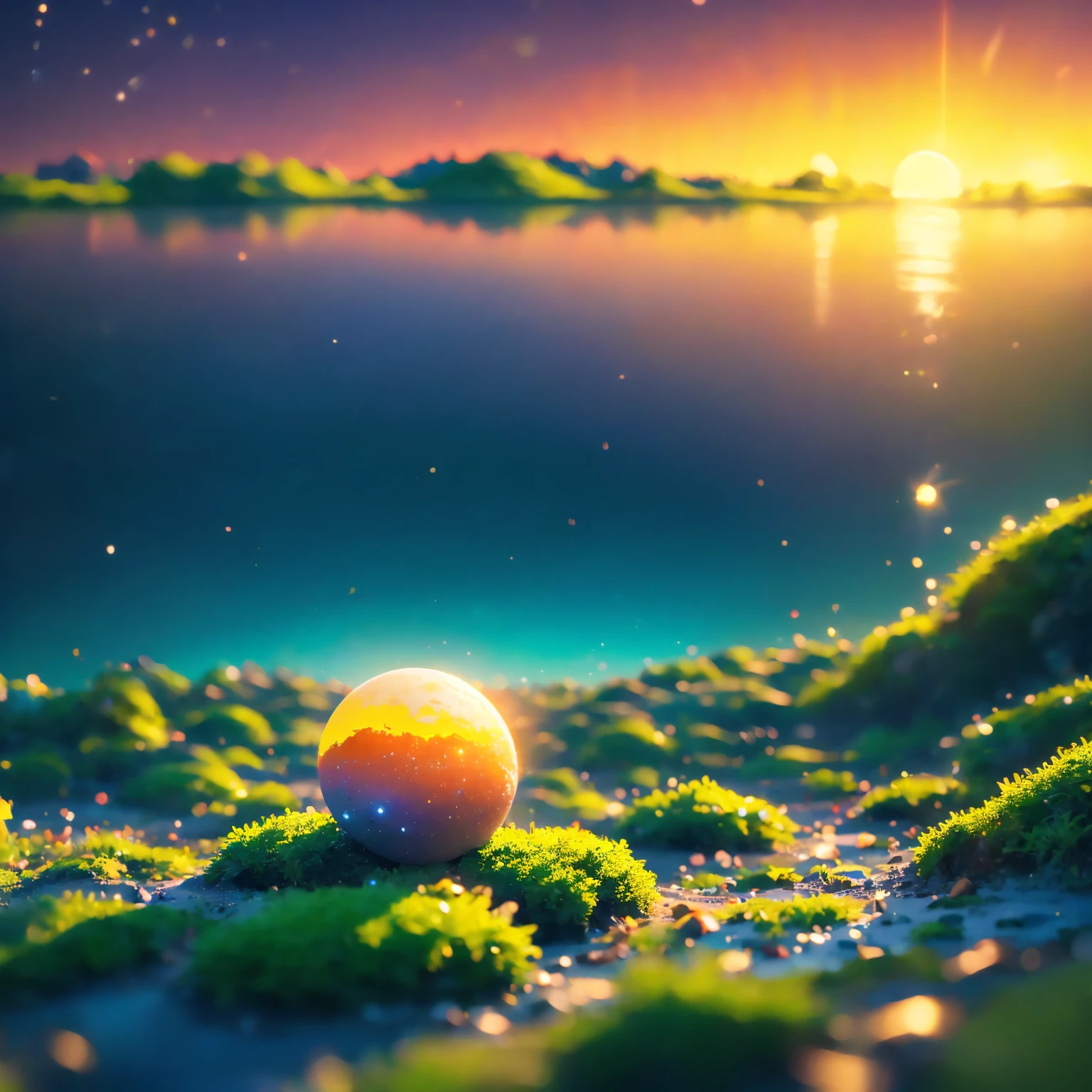 8K quality,(super masterpiece:1.3), best quality, detailed images,unmanned,Lego(Traveler),moss,水moss,lake,lake畔,moon, starry sky ,background(Sunset sea,Sunset sky, gradient ).