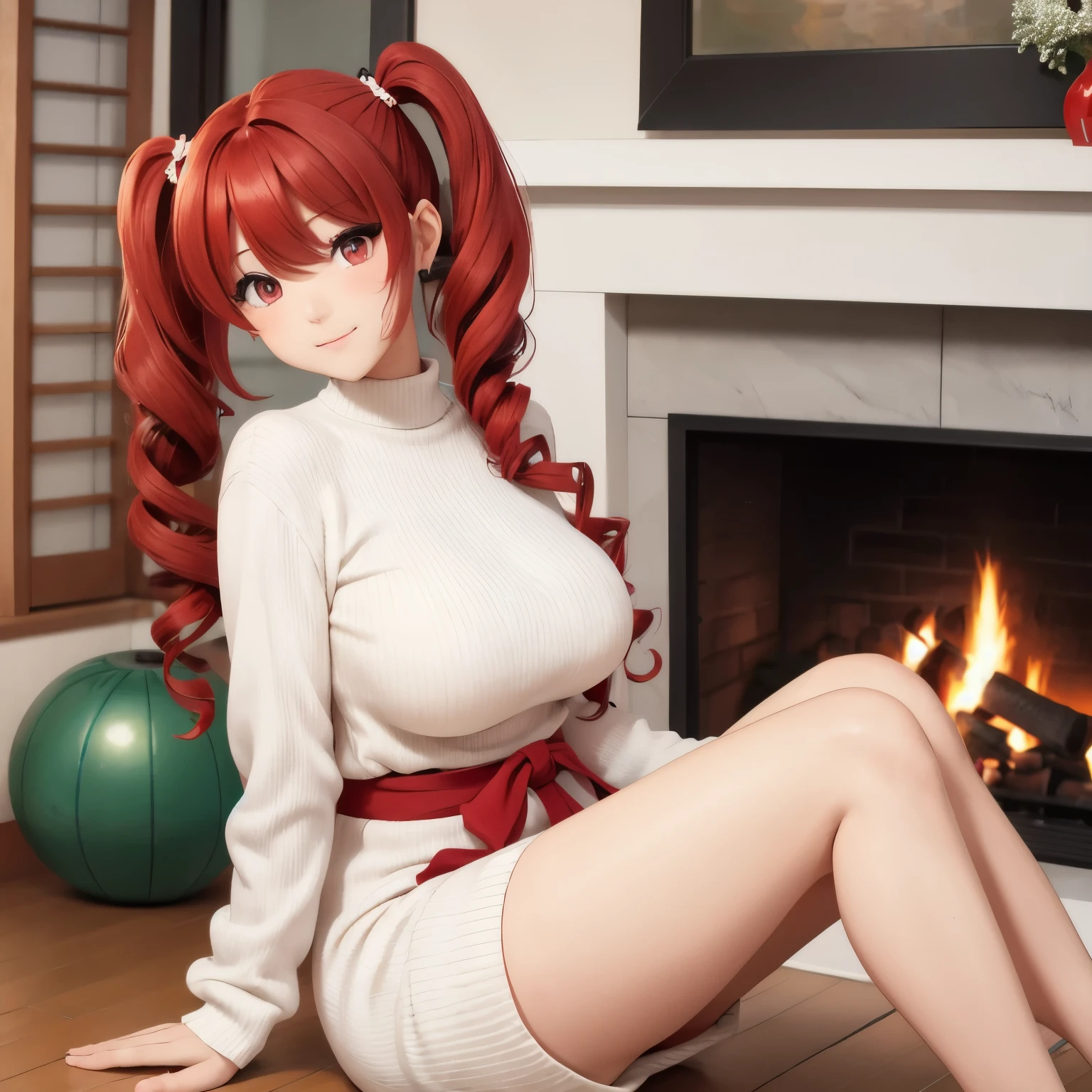  side-top twin tails、Red Curly Hair、bangs、 slim body、 Big Breasts 、 ball shaped breasts 、Red eyes、 red contact lenses、 hair between eyes、Red Hair、Kind Face、drill curls 、 beautiful Japanese woman sitting in front of fireplace 、Real women、 plump body 、whole body、indoor、Sit in front of the fireplace 、 sweater and long pants、 have a hot drink