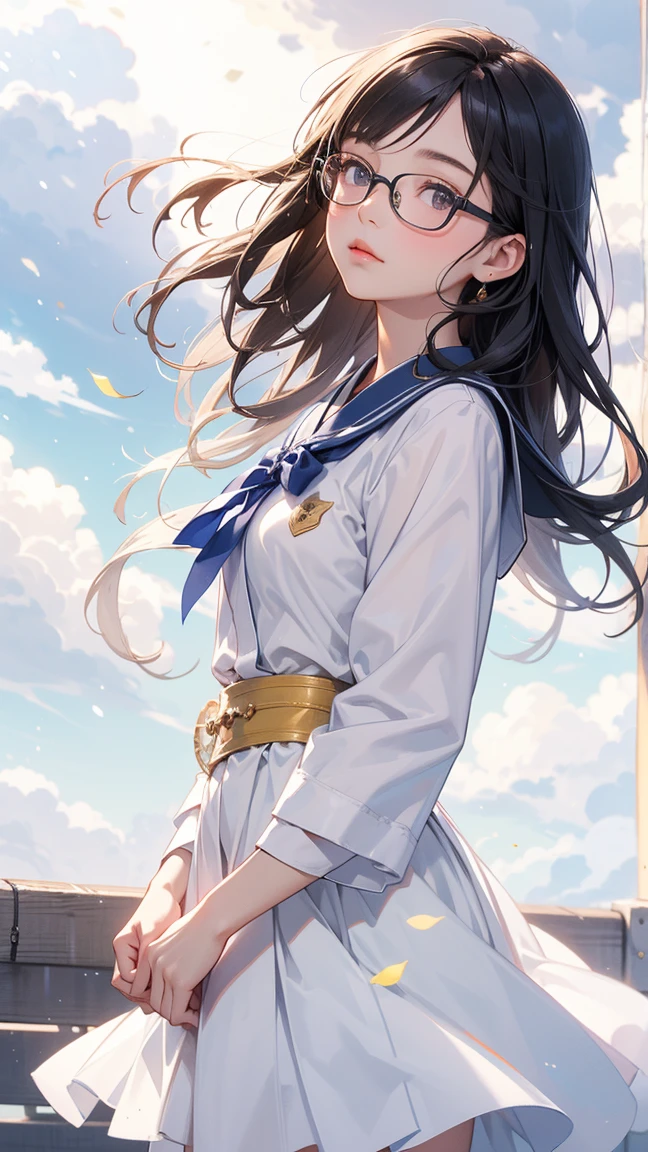 Black hair, long hair, glasses, Japanese high school girl, high school girl winter uniform, looking up at the sky, cloudy sky, a ray of light shining through the clouds