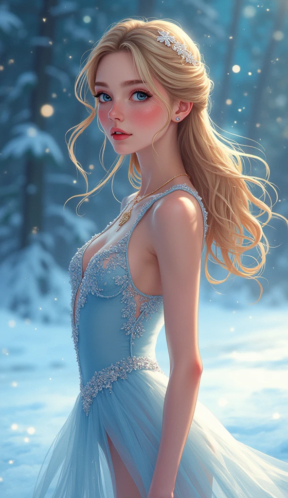 a beautiful blonde woman, wearing a tight pink short dress in a snowy winter landscape, big and detailed breasts, realist, photorealist, 8k, Very detailed, masterpiece, dramatic lighting, volumetric fog, cinematographic composition, realist snow, shiny skin, detailed facial features, pretty eyes, long eyelashes, full lips, Detailed clothing folds, hyper realist