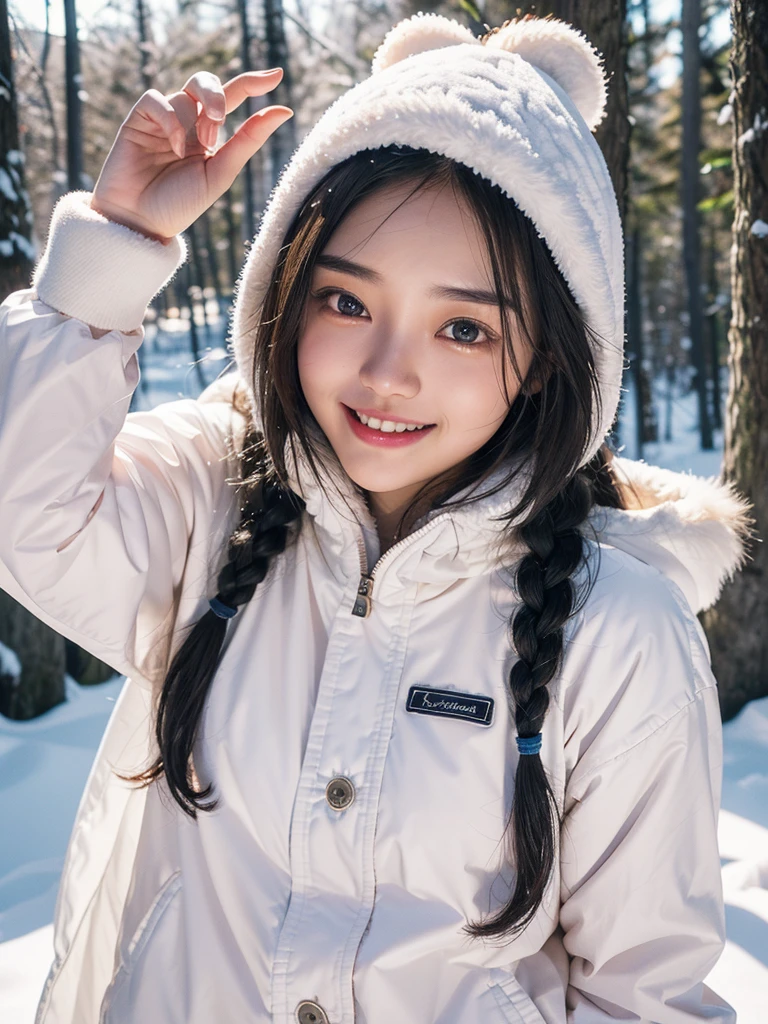 Diffuse lighting、 Highest quality, High resolution, unity 8k wallpaper、Supersaturation, Colorful, 8k resolution, 1 female、Japanese、23 years old、Close-up portrait、Adorable, smile、looks fun、Arctic、With a cute seal、cold、 High resolution, Cowboy Shot
