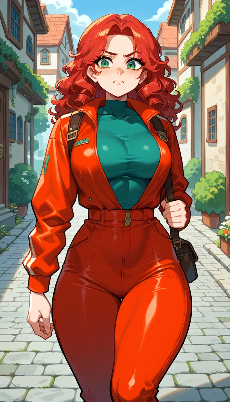  A red-haired woman, 1.76 inches tall,  long curly hair ,  light green eyes , sharp nose, Athletic body,  thick thighs , , she wears a tight red jumpsuit that enhances her shape, on a cobblestone road ,  houses with apparent bricks in shades of white , blue and yellow,  on a sunny day . With a wealth of details and a main focus on women 