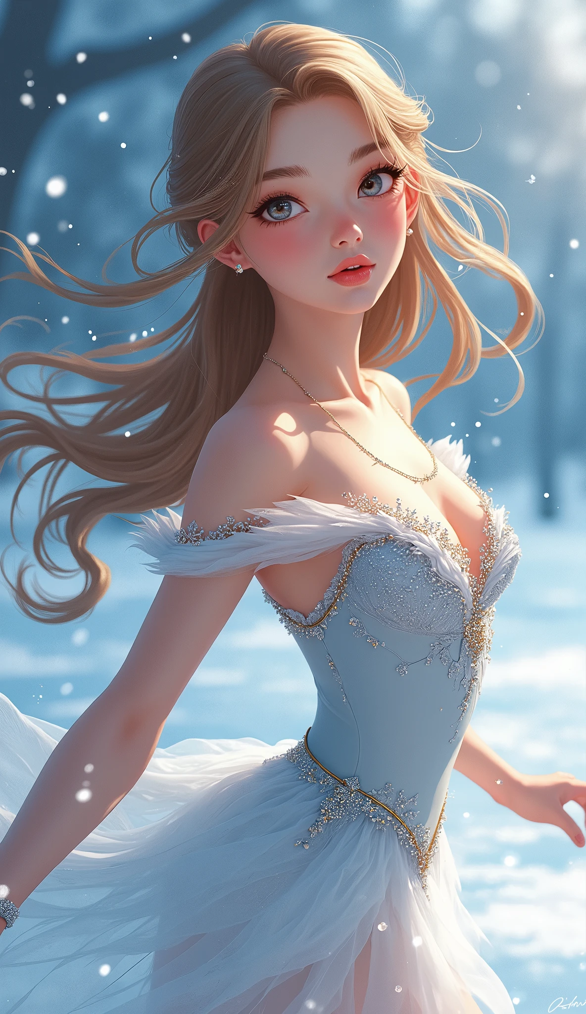 This is a realistic fantasy work of art, which takes place against the background of a winter landscape with subzero temperatures. Create a majestic, elegant and graceful incredibly beautiful young blonde rock woman with long golden hair and blue eyes in a magical world of stunning multicolored gilded roses and shimmering ice sparkling in the light. She has an elegant middle-aged face with realistic shading, incredibly detailed and distinct features, soft plump lips that you just want to kiss, and (realistic eyes). (Her eyes are important) and should be (beautiful detailed eyes with macro details), realistic details and a changing range of beautiful pale blue colors. Her clothes should be exquisitely sewn from weightless, airy and expensive finest gossamer silk with delicate and very sophisticated floral embroidery, (((many warm layers))), with a variety of additional colors, as well as with a lot of luxurious 
 white fur. She has elegant breasts, and her clothes are very warm and tight. This image is incredibly creative and highlights beautiful details in the form of gilded roses and pure snow on elaborately decorated ice. It depicts beautiful snowflakes, icy air and magical pigeons. Use pebbles, stones, bumps, sparkles and shimmers. Camera: Use dynamic compositional techniques to engage the viewer in the scene. Lighting: Highlight the glitter of snow and ice and the fantasy winter aspect of the image. Be inspired by the best masters of the genre and fashionable works in the genre of Midjourney and ArtStation.