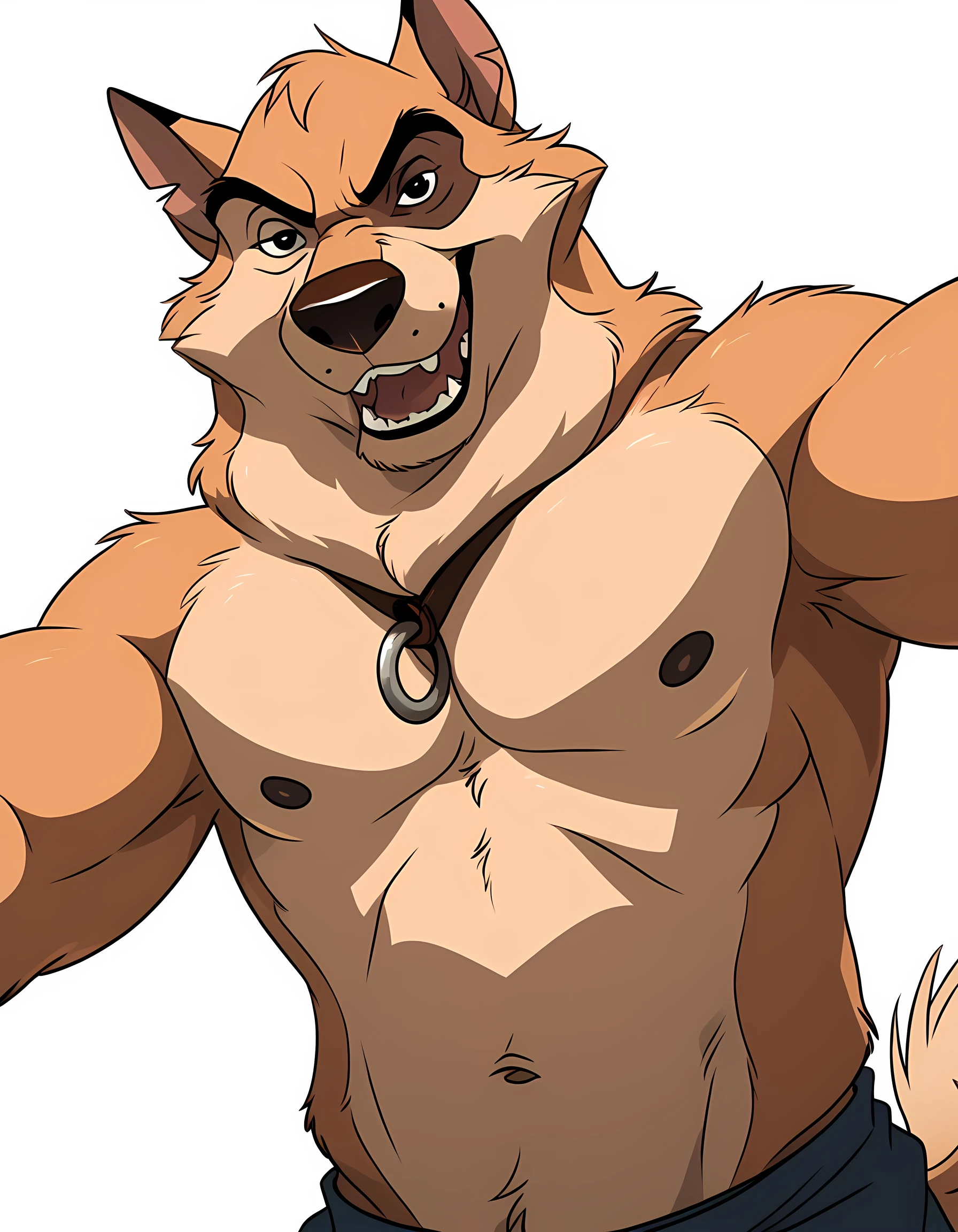 kaltag, alaskan malamute, solo, detailed, detailed face, black eyes, anthro body, male, adult, muscular, cartoon shading, cel shaded:1.0, flat colors, (no background, white background):1.5, shirtless, wfa style, negger style, cartoony anatomy, above waist, looking at viewer, low-angle shot:1.1, collar