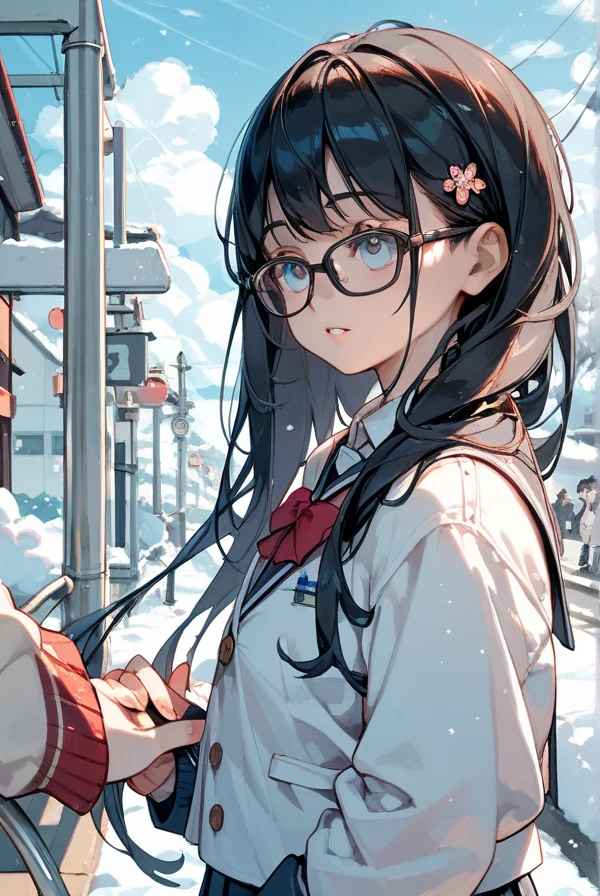 Black hair, long hair, glasses, Japanese high school girl, high school girl winter uniform, looking up at the sky, cloudy sky, a ray of light shining through the clouds